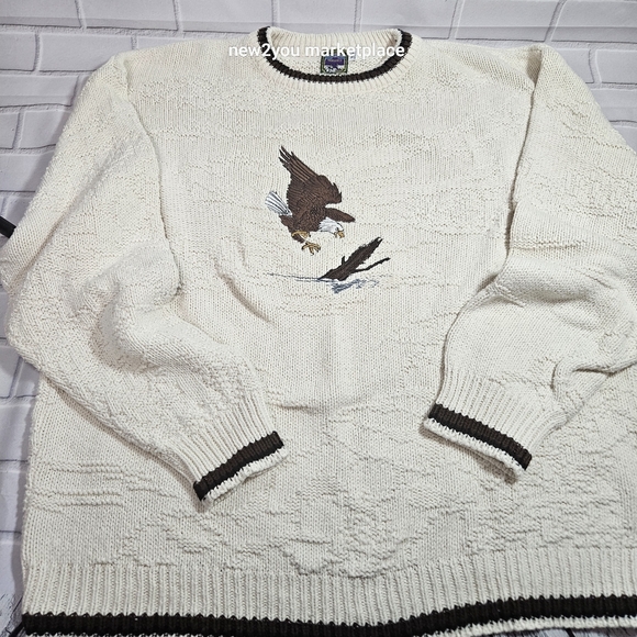 Vintage 90s Bald Eagle Chunky Knit Made N USA XXL Sweater Traverse Bay woolen co - Picture 1 of 11
